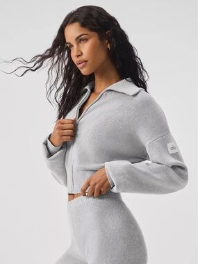 Alo Scholar Knit Cropped Full Zip Jacket – Athletic Heather Grey